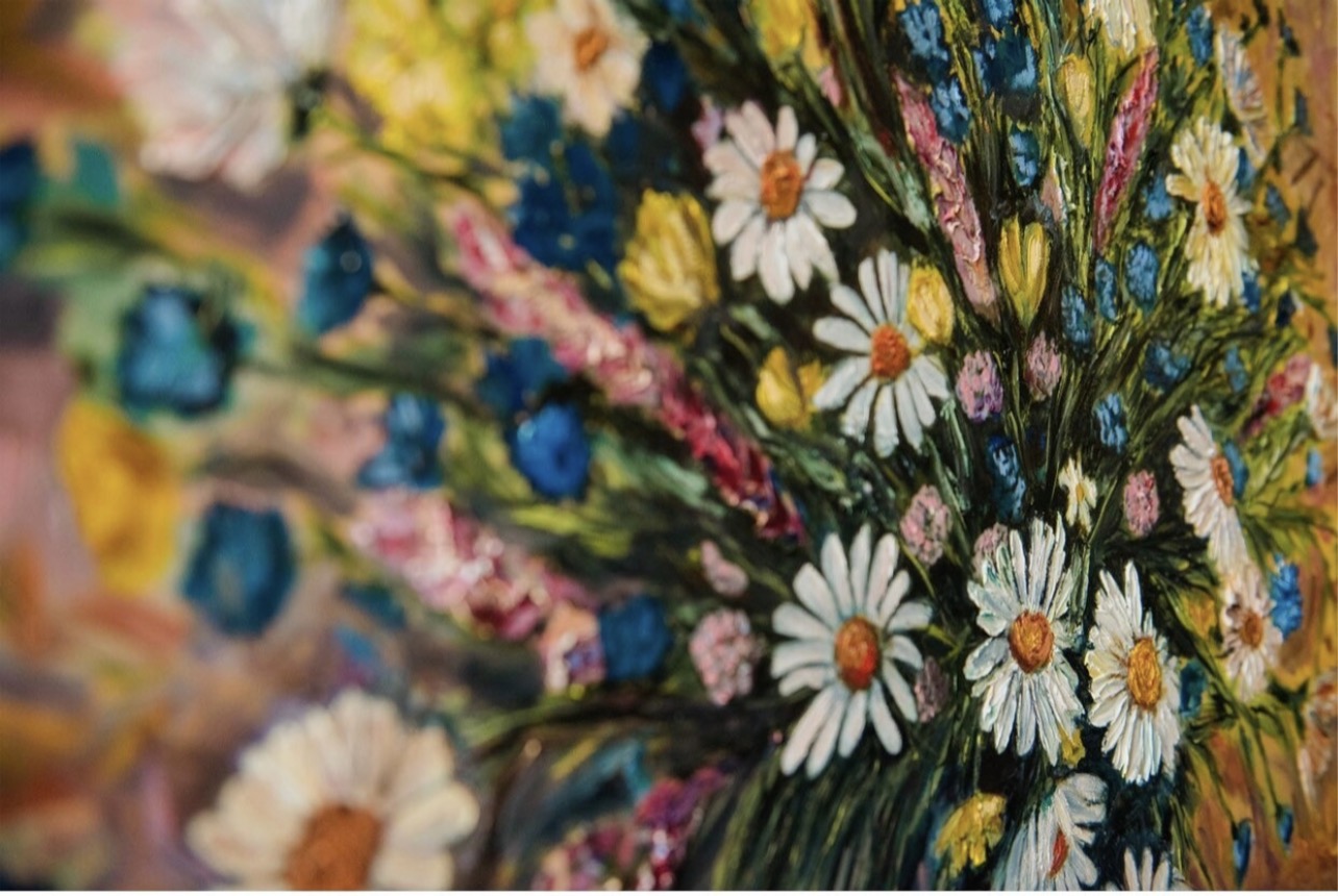 Close-up of the Wildflowers painting showing daisies and cornflowers